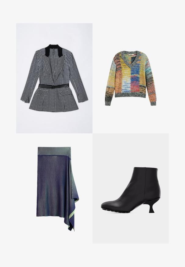 Mustvalge houndstooth mustriga jakki musta sametist krae, vöödiga talje ja kahe esiseotud taskuga. Kohandatud disain, pikad varrukad.; Värviline kootud V-kaelusega ja pikkade varrukatega sviiter, millel on kollastest, sinistest, punastest ja hallidest toonidest valmistatud lapiteki muster.; Tumesinine kootud seelik väga peente valgete vertikaalsete triipudega ja ühelt poolt asümmeetrilise volditud äärega.; Mustast nahast pahkluu saabast terava ninaga ja unikaalse kõverdatud keskmise kõrgusega kandaga, esitatud lihtsal helehallil taustal.