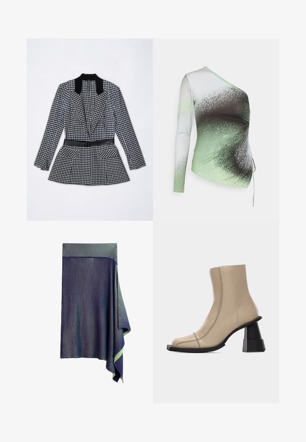 Sako s čierno-bielym vzorom houndstooth, s čiernym zamatovým golierom, opaskom v pase a dvoma prednými vreckami. Prispôsobený strih, dlhé rukávy.; Elleme ONE SHOULDER - Top s dlhým rukávom - light green/white; Tmavomodrá pletená sukňa s veľmi jemnými bielymi vertikálnymi pruhmi a asymetrickým záhybovým lemom na jednej strane.; Béžová kožená členková topánka so štvorcovou špičkou, viditeľným prešívaním a masívnym čiernym tvarovaným blokovým podpätkom na bielom pozadí.