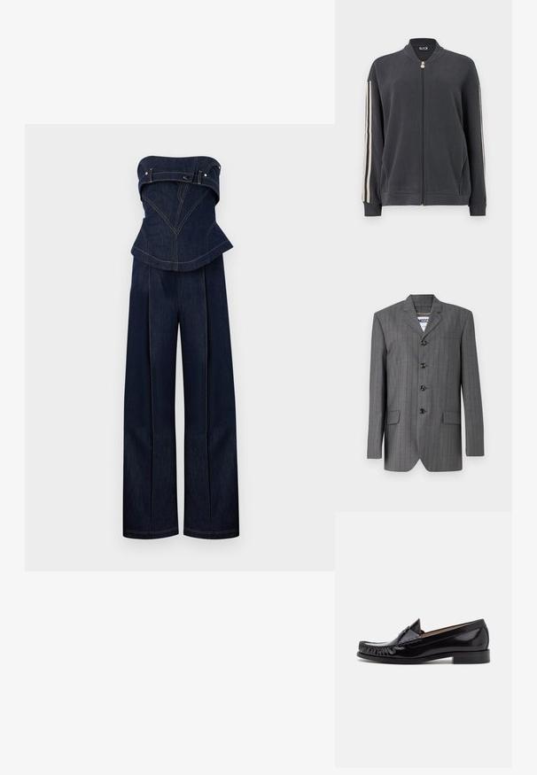 Grå nålestribet blazer med spids revers, fem-knaps lukning, to frontlommer og et mærke synligt indeni. Stoffet ser struktureret ud.; Mørkeblå denim stropløs jumpsuit med struktureret top og vidde bukser, med kontrastsyninger og bælte-detaljer ved brystet.; Mørkegrå lynlåstrøje med opretstående krave, med hvide striber på siderne og ribstrikkede manchetter. Fremstillet af blødt stof uden synlige mønstre.; Sorte læder moccasin sko med en skinnende finish, der har frynsedetaljer langs fronten og en lav stabelhælk.