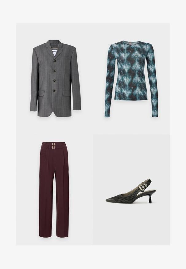 Grå nålestribet blazer med spids revers, fem-knaps lukning, to frontlommer og et mærke synligt indeni. Stoffet ser struktureret ud.; Langærmet tætsiddende top med rund hals, prydet med abstrakt penselstrøgsmønster i teal, sort og hvid.; Højtaljede mørk bordeauxbukser med to gyldne spænder øverst og et lige ben fit.; Sort slingback sko med spids tå, vævet netstruktur og spændeaccent ved hælen. Slank, buet hæl. Glatte detaljer i læder.