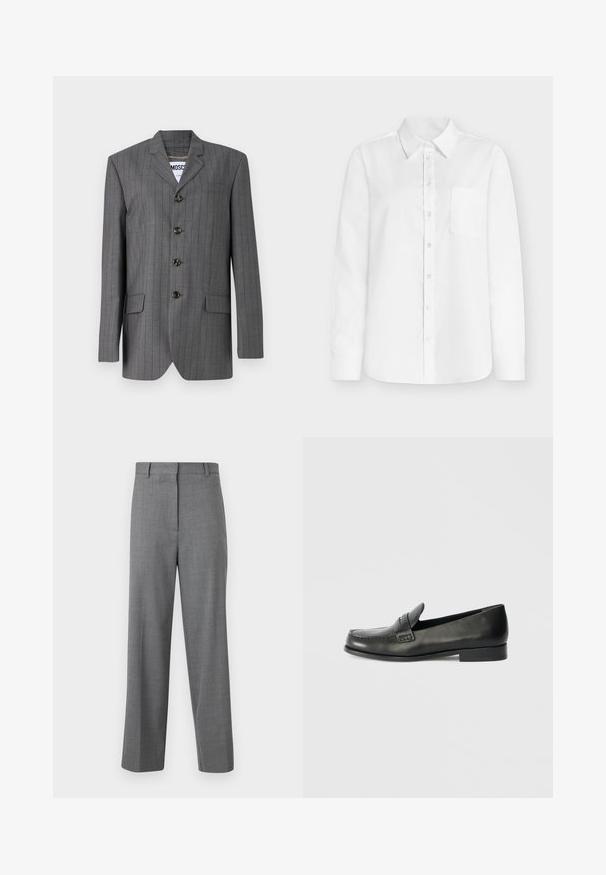 Grå nålestribet blazer med spids revers, fem-knaps lukning, to frontlommer og et mærke synligt indeni. Stoffet ser struktureret ud.; Hvid langærmet skjorte af bomuld med spids krave, fuld knaplukning og en venstre brystlomme. Glat tekstur.; Herregrå skræddersyede bukser med lige ben, talje med bæltestropper og skjult frontlukning.; Sorte læder loafers med en rund tå, forhøjede syningsdetaljer og en lav, stablet hæl. Glat tekstur med en subtil glans.