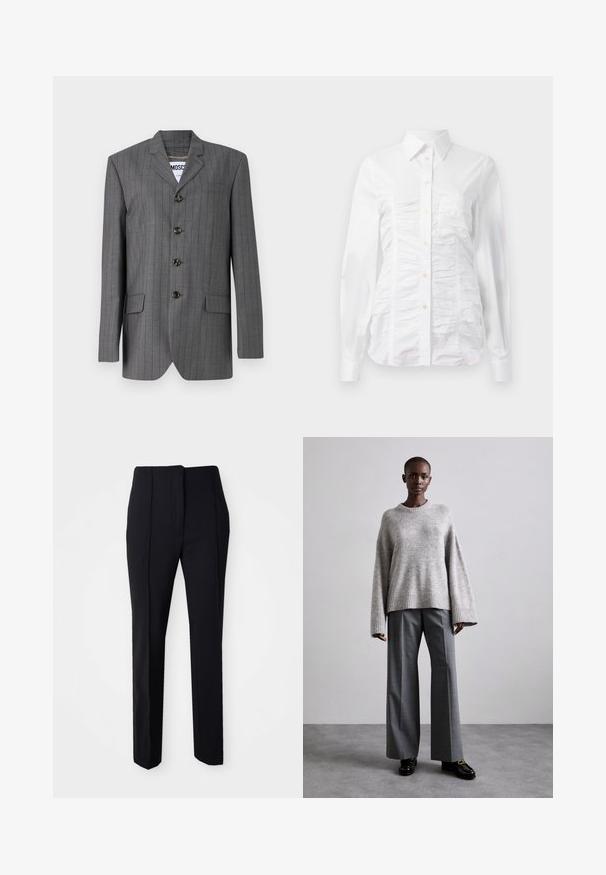 Grå nålestribet blazer med spids revers, fem-knaps lukning, to frontlommer og et mærke synligt indeni. Stoffet ser struktureret ud.; Hvid skjorte med lange ærmer, der har en rynket tekstur på fronten, små gyldne knapper og en klassisk krave.; Sorte skræddersyede bukser med lige ben i et glat stof, der har flad front og sidelommer for funktionalitet.; Grå strikket sweater med brede ærmer og ribbet kant, parret med høj-taljede grå bukser med et subtilt ternet mønster og sorte loafers.