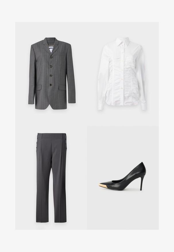 Grå nålestribet blazer med spids revers, fem-knaps lukning, to frontlommer og et mærke synligt indeni. Stoffet ser struktureret ud.; Hvid skjorte med lange ærmer, der har en rynket tekstur på fronten, små gyldne knapper og en klassisk krave.; Grå skræddersyede bukser med lige ben, frontfolder og dekorative sidelommer for ekstra detalje. Glat stofstruktur.; Sort læder stiletter med spids tå; har et metalisk guldakcent på tåkapperne. Glat overflade med et strømlinet design.