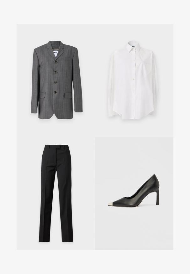 Grå nålestribet blazer med spids revers, fem-knaps lukning, to frontlommer og et mærke synligt indeni. Stoffet ser struktureret ud.; Hvid langærmet skjorte i letvævet stof med klassisk krave, knaplukning og hjerteformet lomme på venstre side.; Sorte formelle bukser med lige ben, forreste presning, linning med bæltestropper og skjult forlukning foran.; Sort læder højhælet sko med spids tå og metal-sølv hætte. Har en glat finish og en slank hæl på 10 cm.