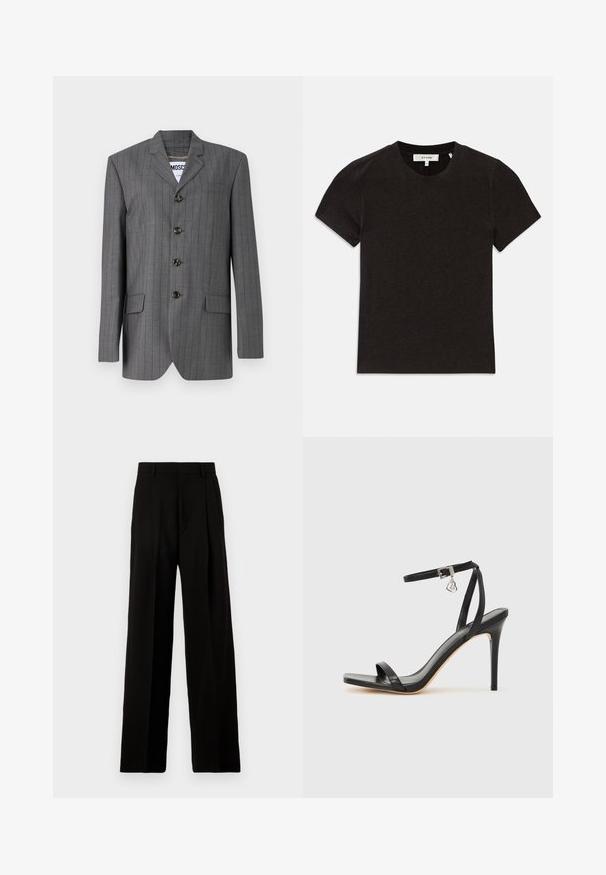 Grå nålestribet blazer med spids revers, fem-knaps lukning, to frontlommer og et mærke synligt indeni. Stoffet ser struktureret ud.; Sort kortærmet ribbet strik T-shirt med rund halsudskæring og synlig mærkelabel ved kraven.; Sort vide bukser lavet af glat stof, med høj talje, pressefolder foran og et rent, skræddersyet design uden udsmykninger.; Sort hæl-sandal med smal ankrem, firkantet tå-boks, glat lædermateriale og metalspænde som pynt.