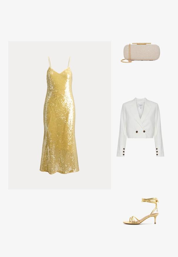Klassisch geschnittene weiße Blazerjacke mit doppelter Knopfleiste, braunen Knöpfen, Reverskragen und langen Ärmeln. Glatte Stoffoberfläche.; Goldfarbenes Paillettenkleid ohne Ärmel mit dünnen Spaghetti-Trägern und V-Ausschnitt, entworfen für formelle oder Abendveranstaltungen.; Goldfarbene Sandale mit Riemchen, niedrigem Stilettoabsatz und Knöchelriemen, die in kleinen metallischen Anhängern enden.; Rechteckige beige strukturierte Clutch mit goldfarbenem Kettenriemen und goldfarbenem Verschluss mit Strasssteinen auf weißem Hintergrund.