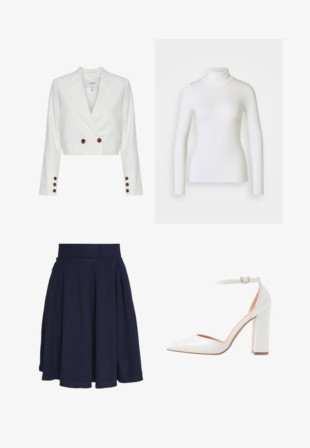 Geknipte witte blazer met een dubbele rij knopen aan de voorkant, voorzien van bruine knopen, metgeschulpte revers en lange mouwen. Glad textuur van de stof.; Witte geribbelde coltrui met lange mouwen, voorzien van een aansluitend ontwerp en zachte textuur. Platte kraag en naadloze uitstraling.; Navy plisee rok gemaakt van zachte stof, met een aansluitende tailleband en een uitlopende silhoët. De zoom is glad zonder zichtbare versieringen.; Witte patenten leren hoge hak met een open zijkant, spitse neus, enkelband met gesp en een stevige blokhak.