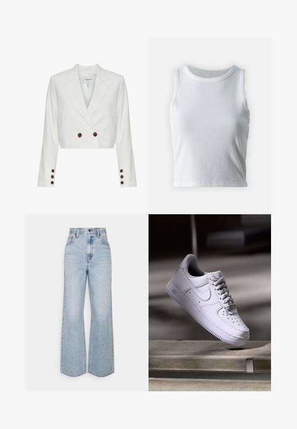 Klassisch geschnittene weiße Blazerjacke mit doppelter Knopfleiste, braunen Knöpfen, Reverskragen und langen Ärmeln. Glatte Stoffoberfläche.; Weißes, geripptes Tanktop mit runder Ausschnittform und ärmellosem Design, ausgestattet mit einem geraden Saum und einer glatten, dehnbaren Textur.; Helle blaue Jeans im weiten Schnitt mit hoher Taille, klassischem Fünf-Taschen-Design und kontrastierenden Nähten. Unfinished Saum am unteren Ende.; Weißer Nike Air Force 1 Sneaker schwebt über einer Betonoberfläche mit Schatten in einem minimalistischen Umfeld.