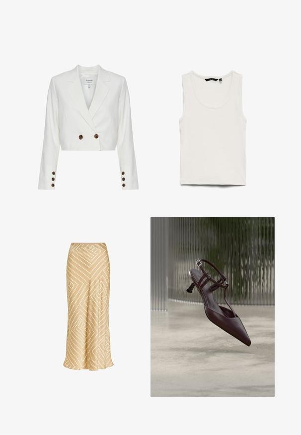 Beskaaret hvid blazer med en dobbeltknaplukning, prydet med brune knapper, spidse klaperrær og lange ærmer. Glat stofstruktur.; Hvid ribbet tanktop med rund halsudskæring og ærmeløs design, lagt fladt på en hvid baggrund.; Beige midi-nederdel med hvidt prikmønstret geometrisk diamantmønster, talje i højden og let udvidet kant.; Mørkebrune læder slingback-sko med spids tå, tynde stropper og lille buet kittenhæl, vist mod en abstrakt baggrund.