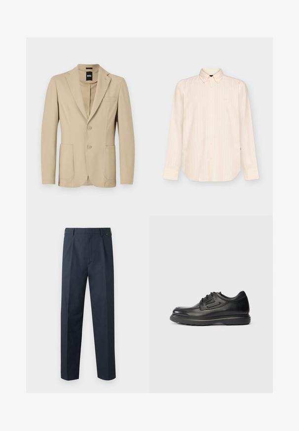 Blazer beige con un tejido texturizado. Presenta solapa de pico, dos botones, un bolsillo en el pecho y dos bolsillos frontales de parche.; Camisa beige de manga larga con botones, con sutiles rayas verticales y cuello clásico, mostrada sobre un fondo liso y claro.; Pantalones de vestir azul marino de pierna recta con trabillas para cinturón, cremallera frontal y detalles plisados en la cintura.; Zapato de vestir para hombres, negro, de piel con cordones, suela gruesa y logotipo en el costado, mostrado en perfil lateral sobre fondo neutro.
