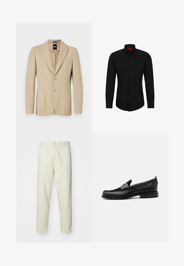 Beige Blazer aus strukturiertem Stoff. Verfügt über einen Reverskragen, zwei Knöpfe, eine Brusttasche und zwei aufgesetzte Taschen vorne.; Schwarzes Langarmhemd mit Knopfleiste, klassischem Kragen und abgerundetem Saum; verfügt über schwarze Knöpfe und ein rotes Logo im Kragen.; Hellbeige Baumwollhosen mit geradem Bein, ausgestattet mit einem vorderen Knopfverschluss und normalen Taschen, glatter Textur und ohne Muster.; Schwarzer Lederloafer mit grauem Riemendetail, niedrigem Absatz und strukturierter Sohle, seitlich mit „HUGO“ in Gold gebrandmarkt.