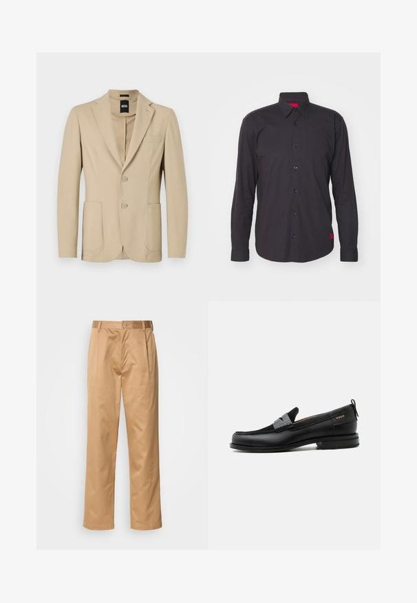 Beige blazer med struktureret stof. Har en notch lapel, to knapper, en brystlomme og to forreste påsydede lommer.; Sort langærmet skjorte i bomuld, med spidse kraver, knaplukning fortil og en rød detalje indeni kraven. Struktureret stof uden mønstre.; Khaki bukser, blanding af bomuld, lige ben-design, frontfald, bæltesløjfer og knaplukning. Glat tekstur uden mønstre.; Sort læderloafer med grå remdetalje, lav hæl og tekstureret sål, mærket med "HUGO" i guld på siden.