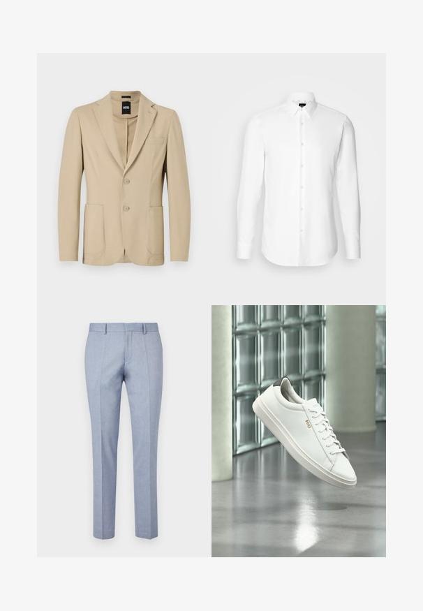 Beige blazer van een geweven stof. Bevat een notch revers, twee knopen, een borstzak en twee voorste opgestikte zakken.; Witte blouse met lange mouwen, knoopsluiting aan de voorkant, klassieke kraag, gemaakt van gladde stof met een subtiele textuur, ontworpen voor een aansluitende pasvorm.; Lichtblauwe op maat gemaakte broek met een gladde stofstructuur, voorzien van een rechte voorkant, twee zijzakken en een slim fit ontwerp.; Witte leren lage sneaker met veters, zwarte hielstrook en "BOSS"-logo, zwevend binnenshuis bij een glazen stenen muur en gepolijste vloer.