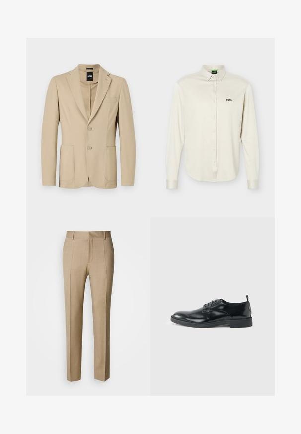 Beige Blazer aus strukturiertem Stoff. Verfügt über einen Reverskragen, zwei Knöpfe, eine Brusttasche und zwei aufgesetzte Taschen vorne.; Weißes, langärmeliges Hemd mit Knöpfen und Kragen, schwarzes "BOSS"-Logo auf der linken Brustseite und mit Knöpfen versehene Manschetten, auf einfarbigem Hintergrund präsentiert.; Beige maßgeschneiderte Hose mit strukturierter Stoffqualität, flacher Front und geraden Beinen. Verfügt über Seitentaschen und Gürtelschlaufen und bietet einen eleganten Look.; Glänzender schwarzer Lederschuh mit niedrigem Absatz, Schnürverschluss und runder Kappe, seitlich auf hellem, schlichten Hintergrund gezeigt.