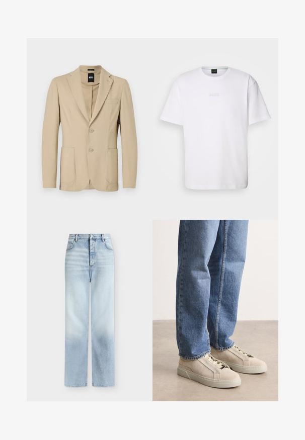 Beige Blazer aus strukturiertem Stoff. Verfügt über einen Reverskragen, zwei Knöpfe, eine Brusttasche und zwei aufgesetzte Taschen vorne.; Weißes Baumwoll-T-Shirt mit kurzen Ärmeln, rundem Ausschnitt und geprägtem "BOSS"-Logo auf der Brust. Glatte Textur, normale Passform.; Hellblaue, hoch taillierte Jeans mit geradem Bein, Fronttaschen, Gürtelschlaufen und einem Knopfverschluss.; BOSS GARYTENN_SDHDEL - Sneaker low - natural ten