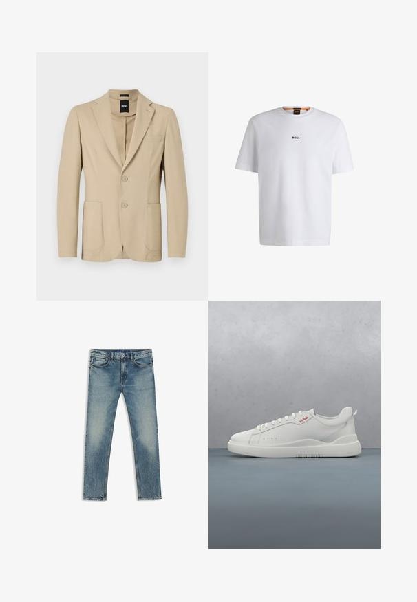 Beige blazer van een geweven stof. Bevat een notch revers, twee knopen, een borstzak en twee voorste opgestikte zakken.; Witte katoenen T-shirt met korte mouwen, voorzien van een zwart "BOSS"-logo in het midden van de borst en een ronde halsontwerp.; Blauwe vervaagde straight-leg spijkerbroek met knoop aan de voorkant, ritssluiting, riemlussen en vijf zakken ontwerp op een witte achtergrond.; Witte sneaker met een gladde leren afwerking, ronde neus, vier veterogen, subtiele perforaties en een rood logo detail aan de zijkant.