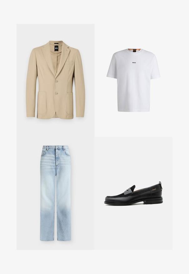 Blazer beige con un tejido texturizado. Presenta solapa de pico, dos botones, un bolsillo en el pecho y dos bolsillos frontales de parche.; Camiseta de algodón blanca de manga corta, con un logotipo negro "BOSS" centrado en el pecho y un diseño de cuello redondo.; Vaqueros azul claro de talle alto y pierna recta con bolsillos delanteros, trabillas para cinturón y cierre de botón.; Mocasín de cuero negro con detalle de tira gris, tacón bajo y suela texturizada, con la marca "HUGO" en oro en el lateral.