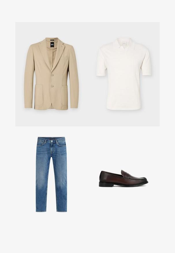 Beige blazer med struktureret stof. Har en notch lapel, to knapper, en brystlomme og to forreste påsydede lommer.; Hvid kortærmet poloshirt med strikket struktur og åben krave, vist på en ensartet lysegrå baggrund.; Lysblå denimjeans med lige ben, falmet vask, fem-lomme design, kontraststikning og lukning med knap foran.; Mørkebrun læder herrepennyloafer med lav hæl og syningsdetaljer langs siderne og toppen, vist fra ydersiden.