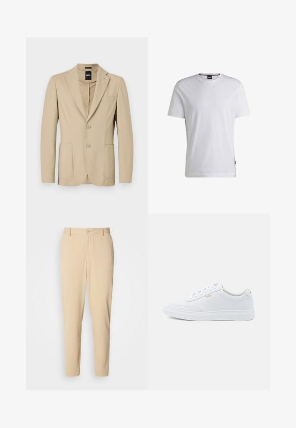 Blazer beige con un tejido texturizado. Presenta solapa de pico, dos botones, un bolsillo en el pecho y dos bolsillos frontales de parche.; Camiseta blanca de manga corta hecha de algodón. Cuenta con un cuello redondo y una etiqueta de marca sutil en el lateral. Textura suave y diseño simple.; Pantalones beige de textura con un ajuste slim, que presentan un cierre delantero con botón, pasadores para cinturón y bolsillos laterales. Acabado de tela suave.; Zapatillas de cuero blanco con textura suave, puntera redondeada y costuras tonales. Cuentan con cordones azules y un logo dorado en el lateral.