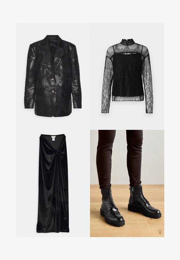 Veste noire avec un motif floral en jacquard, deux boutons dorés, col à revers et deux poches avant, texture lisse avec une finition brillante.; Haut en dentelle noir à manches longues avec col haut, motif floral complexe, tissu transparent et panneau solide sur la zone de la poitrine.; GmbH LONG SKIRT WITH A KNOT - Jupe longue - black; Bottines en cuir noir avec des détails de brogue, un laçage à l'avant, des fermetures éclair sur les côtés et des semelles en caoutchouc texturé. Associées à un pantalon slim noir.