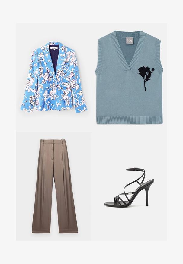 Blazer med blomsterdesign i blå, med bælte i taljen, klapkrave, lange ærmer og foret inderside med quiltet struktur.; Blå strikket ærmeløs sweater med V-udskæring, der har sort blomsterbroderi på forsiden. Ribbet halsudskæring og kant.; Bredde ben bukser i en afdæmpet taupe farve, lavet af glat stof med satinfinish. Har en skræddersyet talje og subtile plisseringer.; Sort højhælet sandal med tynde stropper, en ankelspænde, en glat læderoverflade og en slank stilethæl.