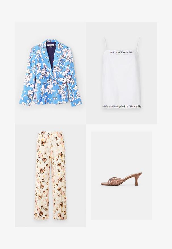 Blazer med blomsterdesign i blå, med bælte i taljen, klapkrave, lange ærmer og foret inderside med quiltet struktur.; Hvid ærmeløs top med tynde stropper, der har intrikate blomsterbroderier omkring halsen og i kanten i forskellige farver. Glat tekstur.; Blomstrede bukser med brede ben i cremefarvet, med en blanding af pink, orange og sorte blomster. Glat stof med en afslappet pasform og ingen udvendige lommer.; Brun åben-tå mule sandal med flettede overremme og en mellemhøj, buet hæl på en helt hvid baggrund.