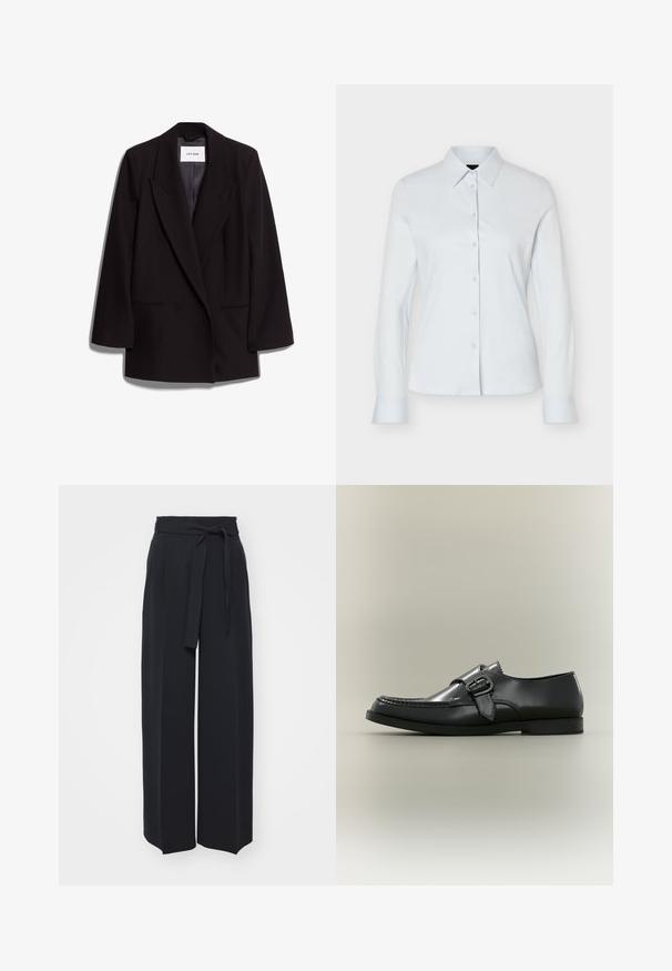 Schwarzer doppelt geknöpfter Blazer aus glattem Stoff, mit breiten Revers, zwei vorderen Taschen und taillierter Silhouette. Markenetikett sichtbar im Inneren.; Weißes, langärmliges Hemd mit Knopfleiste, spitzem Kragen und taillierter Silhouette, präsentiert vor einem schlichten hellen Hintergrund.; Schwarze weite Hosen aus weichem Stoff. Mit einem Gürteltäfelchen und vorderen Falten. Glatte Textur mit einem klaren, modernen Design.; Schwarzer Lederschuh mit seitlicher Schnalle und Nahtdetail, im Profil vor neutralem Hintergrund gezeigt.