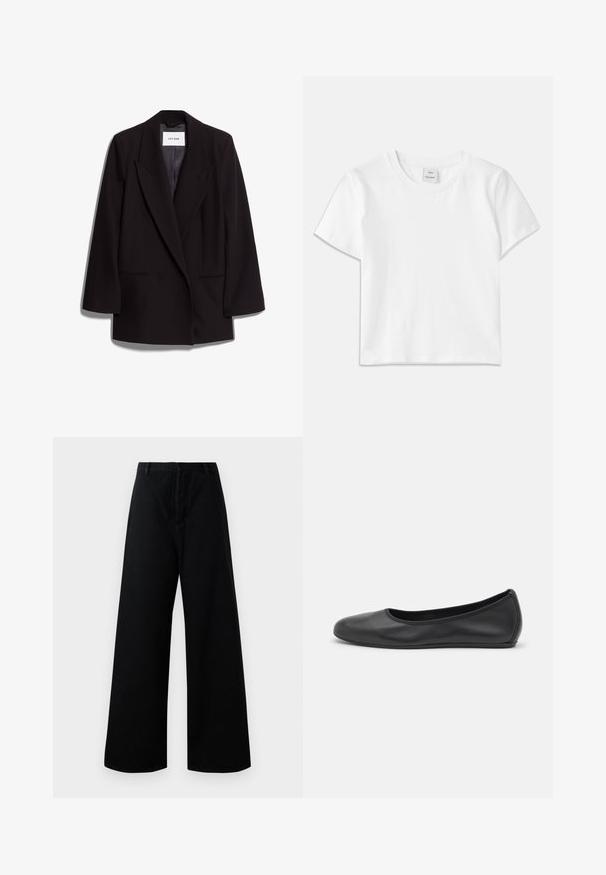 Schwarzer doppelt geknöpfter Blazer aus glattem Stoff, mit breiten Revers, zwei vorderen Taschen und taillierter Silhouette. Markenetikett sichtbar im Inneren.; Weißes Baumwoll-T-Shirt mit Rundhalsausschnitt, kurzen Ärmeln und geradem Saum. Etikett mit der Aufschrift "Won Hundred" an der Mitte des Ausschnitts.; Schwarze Hosen mit weiter Beinform aus Baumwolle, mit hoher Taille, Fronttaschen und einem klaren, schlichten Design mit minimalen Nähdetails.; Schwarze Leder-Ballettschuhe mit abgerundeter Spitze, glatter Textur, minimalen Nähdetails und einem flexiblen Sohlen-Design.