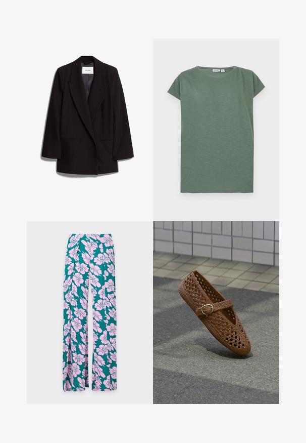 Schwarzer doppelt geknöpfter Blazer aus glattem Stoff, mit breiten Revers, zwei vorderen Taschen und taillierter Silhouette. Markenetikett sichtbar im Inneren.; Ein schlichtes T-Shirt mit kurzen Ärmeln und Rundhalsausschnitt in gedämpftem Olivgrün, flach auf einem weißen Hintergrund gelegt.; Weit geschnittene Hose mit türkisfarbenem Hintergrund und großem pinkfarbenem Hibiskusblumenmuster, mit Wickeldetail vorne.; Brauner gewebter flacher Schuh mit rundem Zeh, perforiertem Design und dekorativem goldfarbenem Schnallenriemen, ruht auf einer strukturierten Oberfläche.