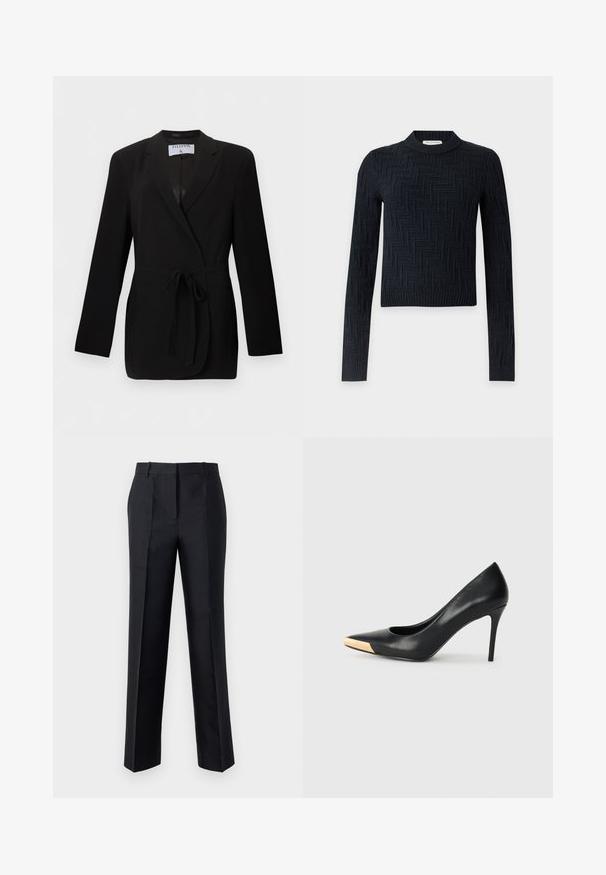 Blazer noir cintré avec ceinture à la taille, revers à cran, manches longues et poches passepoilées à l'avant, étiqueté Filippa K.; Pull en maille noir à manches longues avec un motif zigzag subtil et un col, des poignets et un ourlet côtelés, posé à plat sur un fond blanc.; Pantalon noir avec une coupe droite, texture lisse et fermeture à glissière dissimulée. Présente des plis pour un style supplémentaire et un look ajusté.; Pompe à talon haut en cuir noir avec bout pointu ; présente une accentuation métallique dorée sur le capuchon. Surface lisse avec un design épuré.