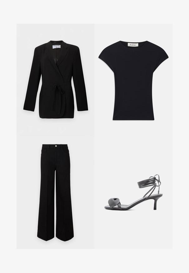 Blazer noir cintré avec ceinture à la taille, revers à cran, manches longues et poches passepoilées à l'avant, étiqueté Filippa K.; Haut noir à manches courtes en tissu doux, avec un col rond et une coupe ajustée, ornée de légers accents d'épaule. Étiquette visible.; Jean large noir fabriqué dans un tissu robuste, avec une taille haute, des poches avant et une fermeture à bouton à l'avant. Ourlet plat en bas.; Sandale à talon en cuir gris avec une bride nouée sur les orteils et des lacets enroulants autour de la cheville, sur un talon moyen et fin, sur fond blanc.
