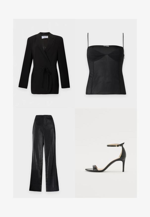 Blazer noir cintré avec ceinture à la taille, revers à cran, manches longues et poches passepoilées à l'avant, étiqueté Filippa K.; Haut noir ajusté sans manches avec fines bretelles, encolure en cœur et détails de coutures sur un fond blanc uni.; Pantalons larges noirs avec une texture lisse et brillante et un design épuré et minimal. Présente une taille haute et une coupe droite au bas.; Sandale à talons hauts en cuir noir avec une lanière de cheville. Présente une texture lisse, un bout ouvert et un talon fin. Détail de boucle en ton doré.