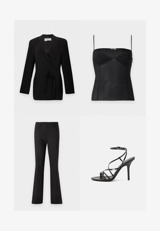Blazer noir cintré avec ceinture à la taille, revers à cran, manches longues et poches passepoilées à l'avant, étiqueté Filippa K.; Haut noir ajusté sans manches avec fines bretelles, encolure en cœur et détails de coutures sur un fond blanc uni.; Pantalon noir évasé en tissu lisse, avec une taille ajustée, deux poches avant et une silhouette épurée et harmonieuse.; Sandale noire à talons hauts avec des brides fines, une boucle à la cheville, une surface en cuir lisse et un talon aiguille élancé.