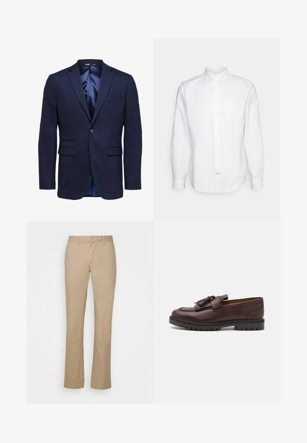 Marineblauer Slim-Fit Herrenblazer mit Kerbklappen, zwei vorderen Klappentaschen, einer Brusttasche und einem Einzelknopfverschluss.; GAP STANDARD OXFORD - Hemd - white; Beige gerade geschnittene Hosen aus Baumwollstoff mit flachem Bund und Gürtelschlaufen. Mit einem einzelnen Knopfverschluss und umgeschlagenen Säumen.; Zign by Zalando Business-Slipper - brown
