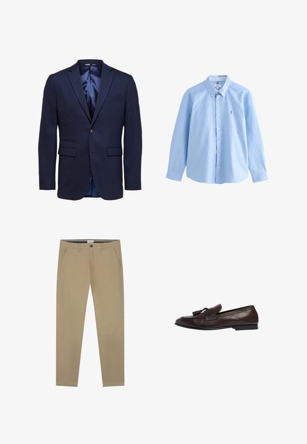 Marineblauer Slim-Fit Herrenblazer mit Kerbklappen, zwei vorderen Klappentaschen, einer Brusttasche und einem Einzelknopfverschluss.; Next LONG SLEEVE OXFORD - Hemd - light blue; Beige Chinos aus glattem Baumwollstoff, mit geradem Bein, einem Knopfverschluss und zwei Seitentaschen. Dezente Nähdetails.; Braune Lederloafers mit niedrigem Absatz, ausgestattet mit einem breiten Riemen und dekorativen Quasten. Die glatte Textur und das klassische Design erhöhen die Vielseitigkeit.
