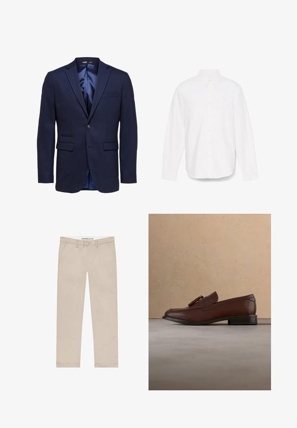 Blazer azul marino ajustado para hombre con solapas con muesca, dos bolsillos delanteros con solapa, un bolsillo en el pecho y cierre con un solo botón.; Camisa blanca de manga larga con botón, cuello puntiagudo, un bolsillo y tejido texturizado sutil. Presenta puños con botones y un dobladillo recto.; Pantalones chinos beige hechos de tela de mezcla de algodón, con diseño de pierna recta, bolsillos delanteros y cierre de botón en la cintura.; Mocasín marrón de cuero con borlas flotando sobre una alfombra beige texturizada, con una mesa redonda de madera y libros apilados en el fondo.