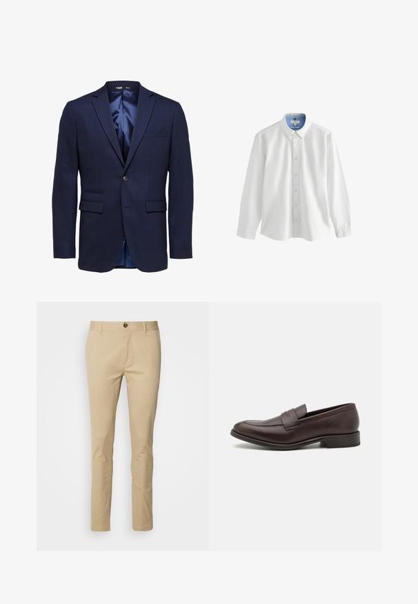 Blazer azul marino ajustado para hombre con solapas con muesca, dos bolsillos delanteros con solapa, un bolsillo en el pecho y cierre con un solo botón.; Camisa blanca de manga larga con botones y forro de cuello azul, que presenta un corte clásico y un bordado sutil en el pecho.; Chinos beige de corte slim, fabricados en algodón. Presentan un cierre de botón, trabillas para el cinturón y detalles de costura sutiles en los bolsillos.; Mocasin de cuero marrón con un acabado suave, detalles de costura en la puntera y un tacón bajo apilado. Diseño minimalista sin marca visible.