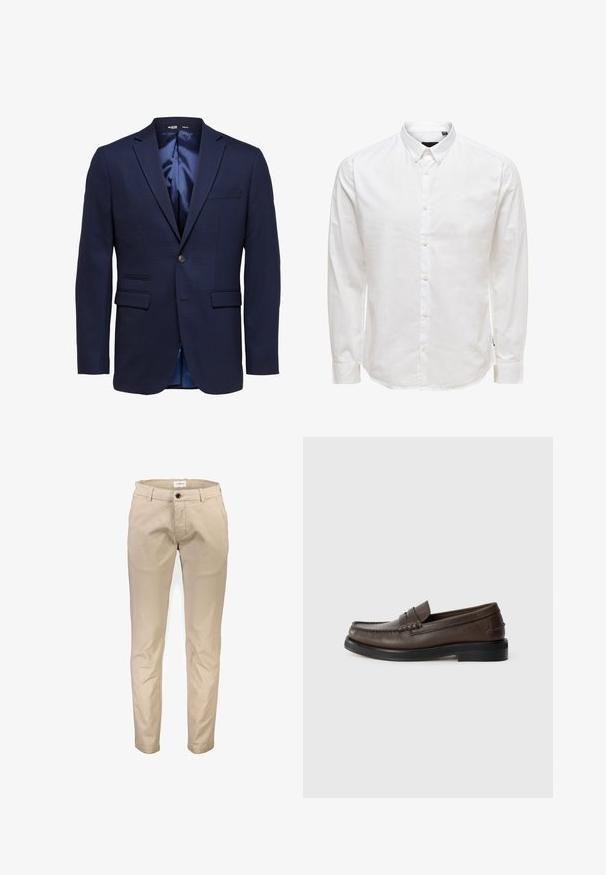 Marineblauer Slim-Fit Herrenblazer mit Kerbklappen, zwei vorderen Klappentaschen, einer Brusttasche und einem Einzelknopfverschluss.; Weißes Langarm-Hemd mit Knopfleiste und Kragen, mit glatter Textur und sechs Vorderknöpfen. Taillierte Passform mit geknöpften Ärmeln.; Beige Baumwollhosen mit geradem Bein, ausgestattet mit Vordertaschen, Reißverschluss und einem einzelnen Knopfverschluss. Glatte Textur, ohne Muster.; Brauner Lederloafer mit einer genähten Detailverzierung auf der Schuhspitze, flacher Sohle und niedrigem, gestapeltem Absatz. Glatte Textur mit minimalistischem Design.