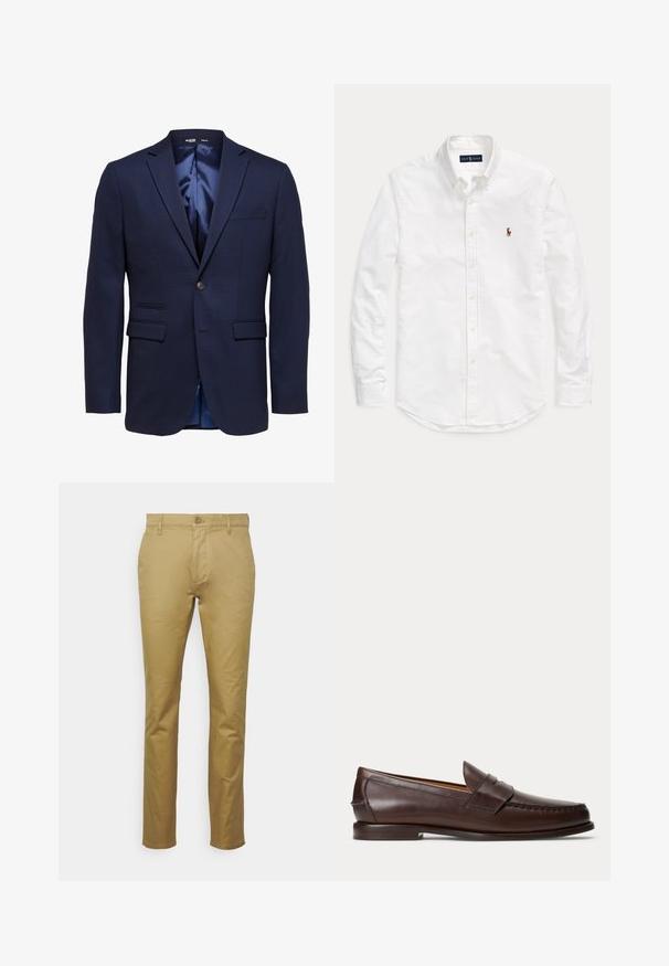 Marineblauer Slim-Fit Herrenblazer mit Kerbklappen, zwei vorderen Klappentaschen, einer Brusttasche und einem Einzelknopfverschluss.; Weißes, langärmliges Hemd mit Knopfleiste und Kragen sowie kleinem, gesticktem Logo auf der linken Brust, flach auf einem einfarbigen Hintergrund liegend.; Khaki Chinos aus glattem Baumwollmaterial, mit klassischem geradem Schnitt, Vordertasche und einem einzelnen Knopfverschluss an der Taille.; Dunkelbrauner Leder-Pennyloafer mit Nahtdetails und niedrigem gestapeltem Absatz, seitlich auf einfachem Hintergrund gezeigt.