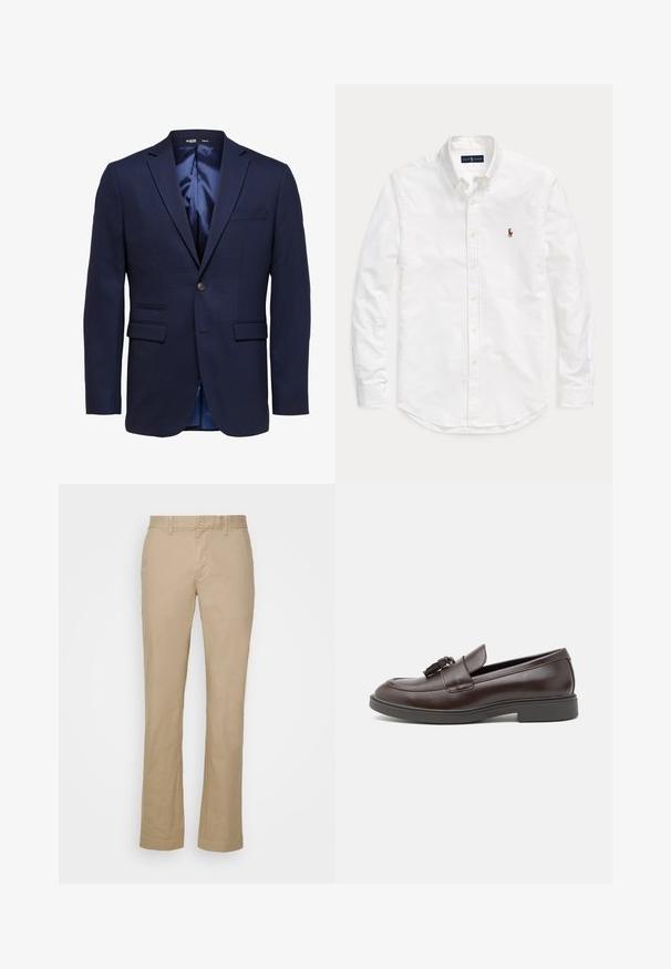 Blazer azul marino ajustado para hombre con solapas con muesca, dos bolsillos delanteros con solapa, un bolsillo en el pecho y cierre con un solo botón.; Camisa blanca de manga larga con botones, cuello y pequeño logotipo bordado en el pecho izquierdo, colocada plana sobre fondo liso.; Pantalones rectos beige de tela de algodón con parte delantera plana y trabillas para cinturón. Presenta un cierre de botón único y puños rematados.; Mocasines de cuero marrón con puntera redondeada, un borlas decorativa, detalles de costura y un tacón bajo de goma para mayor comodidad.