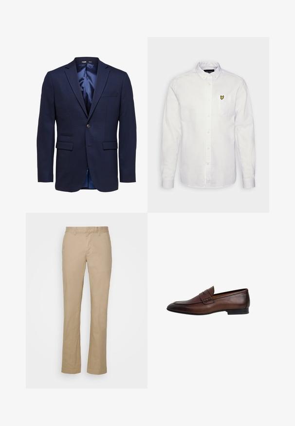 Blazer azul marino ajustado para hombre con solapas con muesca, dos bolsillos delanteros con solapa, un bolsillo en el pecho y cierre con un solo botón.; Camisa blanca de botón en tejido de algodón, con un pequeño logo de mariposa amarilla bordado en el bolsillo del pecho, mangas largas con puños de botón.; Pantalones rectos beige de tela de algodón con parte delantera plana y trabillas para cinturón. Presenta un cierre de botón único y puños rematados.; Mocasín de cuero marrón oscuro para hombre con tira tipo penny, puntera redondeada, tacón bajo y acabado liso.
