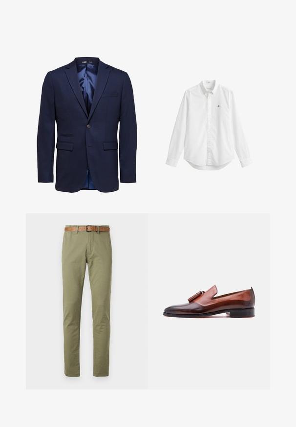 Marineblauer Slim-Fit Herrenblazer mit Kerbklappen, zwei vorderen Klappentaschen, einer Brusttasche und einem Einzelknopfverschluss.; Weißes Hemd mit langen Ärmeln, Knöpfen vorne, einem Kragen und einem kleinen gestickten Logo auf der linken Brust.; Olivgrüne Baumwollhosen mit geradem Schnitt, ausgestattet mit einem braunen Ledergürtel und einer glatten Textur. Einfache Fronttaschen.; Brauner Herren-Loafer aus Leder mit Quasten-Detail, niedrigem Absatz und poliertem Finish, im Profil vor weißem Hintergrund fotografiert.