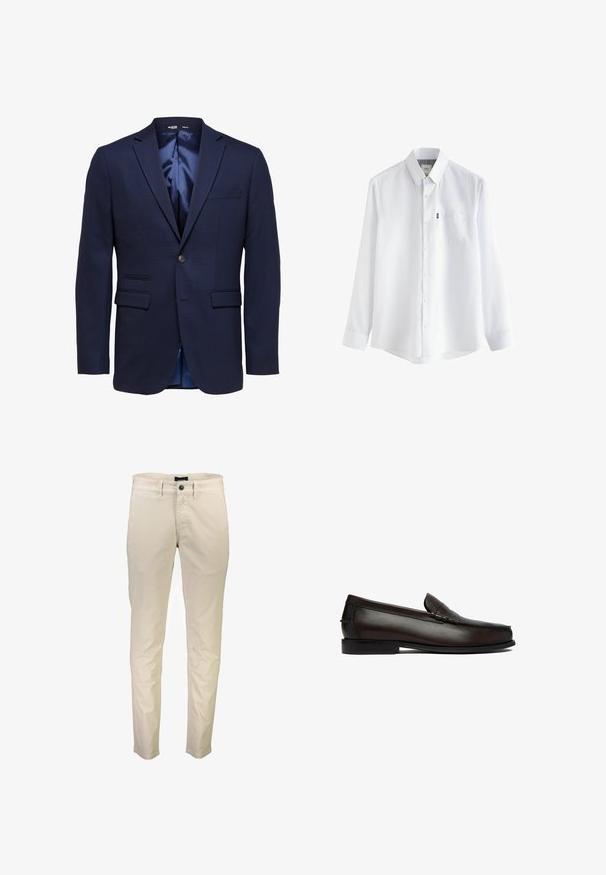 Blazer azul marino ajustado para hombre con solapas con muesca, dos bolsillos delanteros con solapa, un bolsillo en el pecho y cierre con un solo botón.; Camisa blanca de manga larga con botones, cuello y bolsillo en el pecho, mostrada sobre un fondo blanco liso.; Pantalones beige de corte slim con trabillas para cinturón, cierre de botón y cremallera, bolsillos delanteros, mostrados sobre un fondo blanco.; Mocasín de cuero marrón oscuro sin cordones, con tacón bajo, puntera redondeada y detalles cosidos a lo largo de los lados y la parte superior.