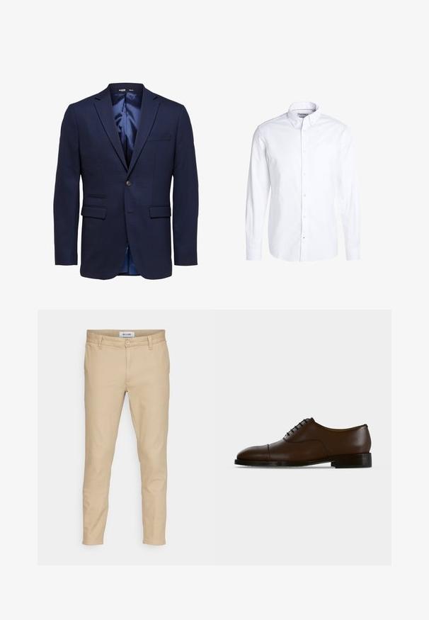 Blazer bleu marine ajusté pour homme avec revers à cran, deux poches avant à rabat, une poche poitrine et une fermeture à bouton unique.; Chemise blanche à manches longues avec col boutonné et poche poitrine, présentée sur un fond blanc uni.; Pantalons beiges en tissu à mélange de coton. Équipés d'une fermeture à bouton, de poches avant et d'une coupe slim avec une texture lisse.; Chaussure habillée en cuir marron foncé avec bout rapporté, laçage fermé et talon bas noir, vue de profil sur un fond uni.
