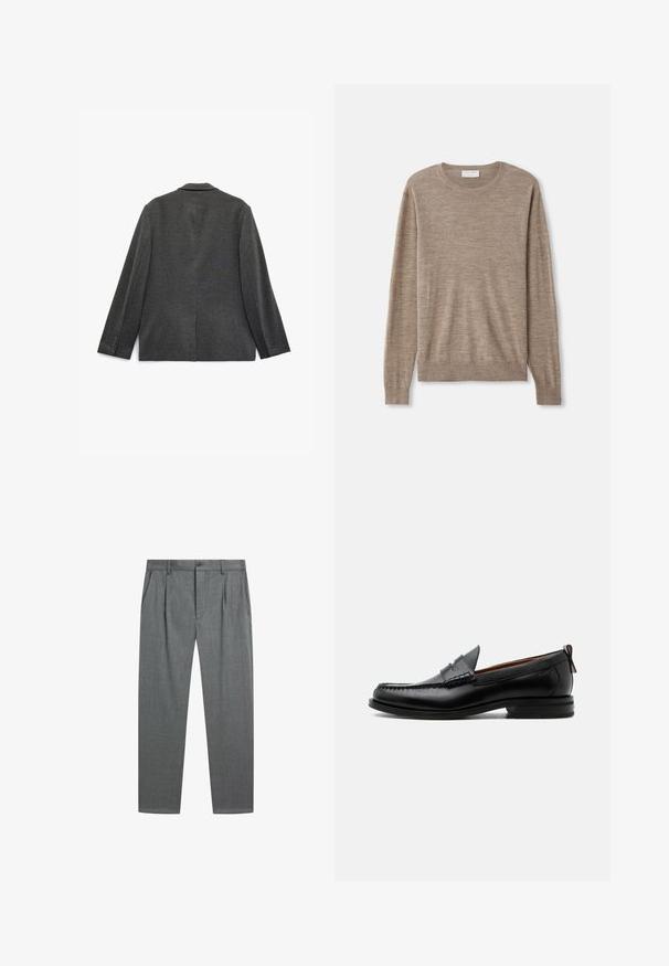 Blazer gris pour homme avec une texture lisse, col cranté, fente simple au dos et poignets à trois boutons. Tissu uni, coupe ajustée.; Pull beige en maille fine. Il a un col rond, des manches longues et des poignets et un ourlet côtelés. Design simple et classique.; Pantalon formel gris avec plis à l’avant, poches latérales, passants de ceinture et fermeture par bouton à la taille sur fond blanc.; Mocassin homme en cuir noir avec couture moc toe, bride penny, col texturé et petit talon empilé sur fond blanc.