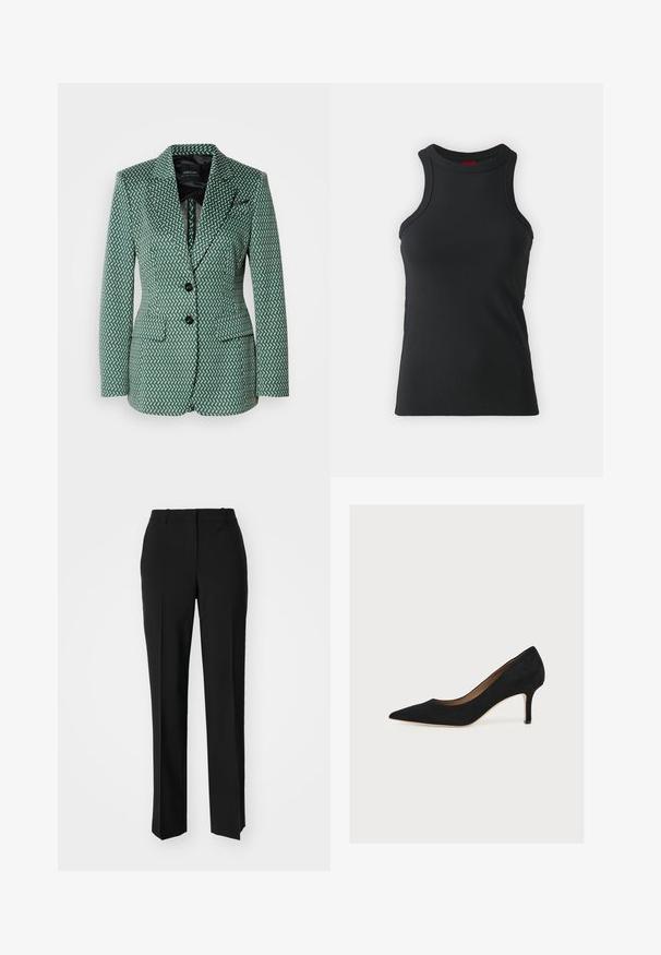 Marc Cain Blazer - dark jade green; Débardeur sans manches noir en tissu extensible. Présente un col rond et une silhouette ajustée avec des détails de couture minimaux.; Pantalon noir ajusté avec une coupe droite, présentant une texture lisse et des plis nets sur le devant. Aucune quincaillerie visible.; Escarpin en daim noir à bout pointu, talon aiguille de hauteur moyenne et semelle intérieure beige sur fond clair.