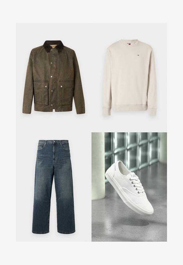 Braune Canvas-Jacke mit einem dunklen Cordkragen, Druckknöpfen und zwei vorderen Taschen mit gestickten Details.; Beige Langarm-Crewneck-Sweatshirt mit gerippten Bündchen und Saum, featuring ein kleines rot-weiß-blaues Flaggenlogo auf der Brust.; Weite Jeans in dunkelblauer Denim-Optik mit einem ausgewaschenen Finish, fünf Taschen und robusten Nähten. Knopfverschluss am Bund.; Weißer niedriger Canvas-Sneaker mit Schnürsenkeln, beschriftet mit Tommy Hilfiger, schwebt über einem glatten grauen Boden nahe einer Glasbausteinwand.