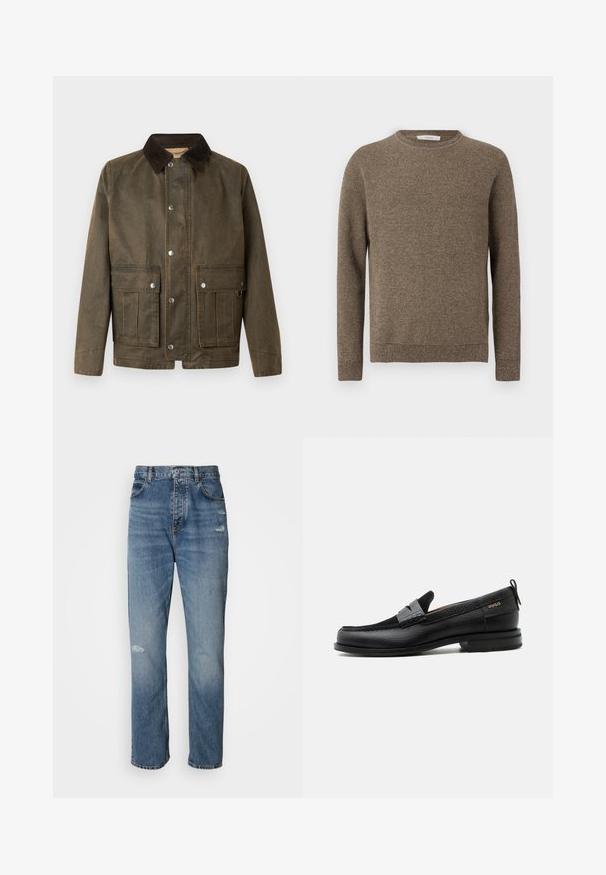 Braune Canvas-Jacke mit einem dunklen Cordkragen, Druckknöpfen und zwei vorderen Taschen mit gestickten Details.; Brauner strukturierter Pullover mit langen Ärmeln, Rundhalsausschnitt und gerippten Bündchen und Saum.; Hellblaue Denim-Jeans im Straight-Leg-Design, mit einem Knopf- und Reißverschluss, fünf Taschen und leicht abgetragenen Details im Kniebereich.; Schwarzer Lederloafer mit grauem Riemendetail, niedrigem Absatz und strukturierter Sohle, seitlich mit „HUGO“ in Gold gebrandmarkt.
