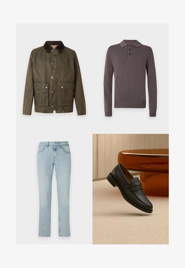 Braune Canvas-Jacke mit einem dunklen Cordkragen, Druckknöpfen und zwei vorderen Taschen mit gestickten Details.; Langärmliges braunes Strick-Poloshirt mit geripptem Kragen, Bündchen und Saum, ausgestattet mit drei Knöpfen und einem kleinen Flaggenlogo auf der linken Brust.; Hellblaue Jeans aus Denim mit geradem Beinschnitt, weicher Textur, Vordertaschen und subtilen Auswaschungen. Verfügt über einen Knopf- und Reißverschluss.; Schwarzer Leder-Herrenloafer mit einem Band über dem Spann, auf beigem Teppich neben einem braunen modernen runden Tisch präsentiert.