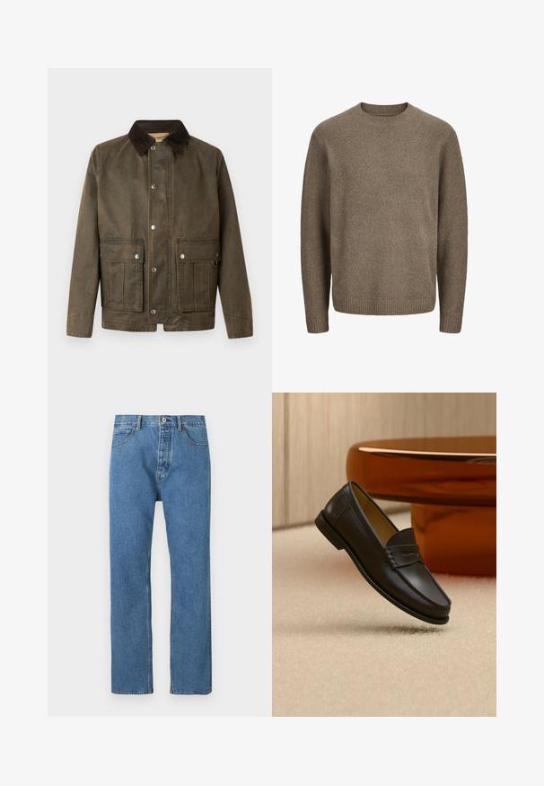 Braune Canvas-Jacke mit einem dunklen Cordkragen, Druckknöpfen und zwei vorderen Taschen mit gestickten Details.; Brauner Wollpullover mit langen Ärmeln, gerippten Bündchen, Saum und Rundhalsausschnitt.; Hellblaue Jeans aus Denim mit geradem Schnitt, fünf Taschen, Knopfverschluss und dezenten Steppnähten entlang der Nähte.; Schwarzer Leder-Loafer, der über einem hellbeigen Teppich schwebt, mit bernsteinfarbenen modernen Möbeln im Hintergrund.